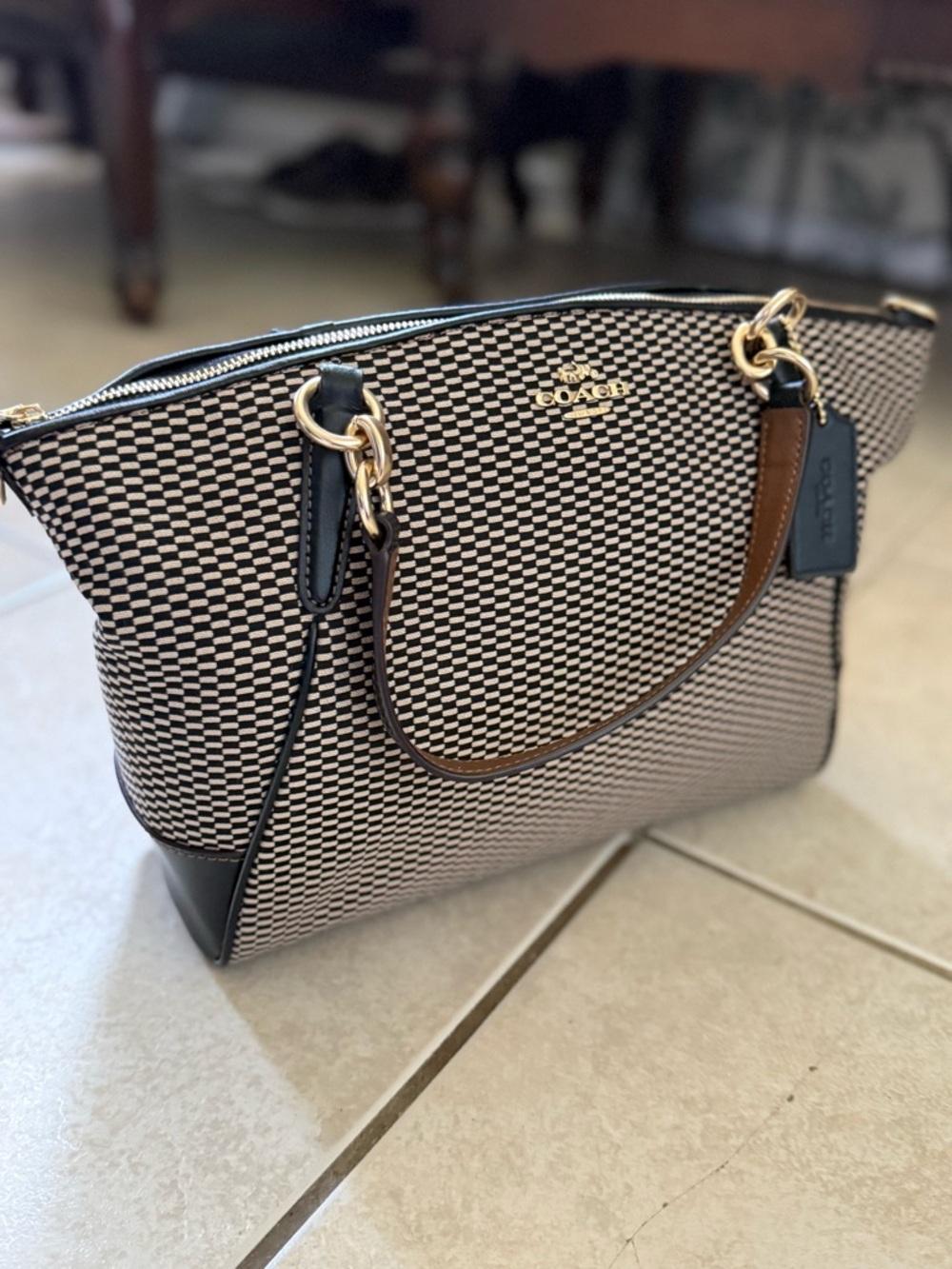 VINTAGE Coach Black & White Checkered Legacy Crossbody with Brown Trim